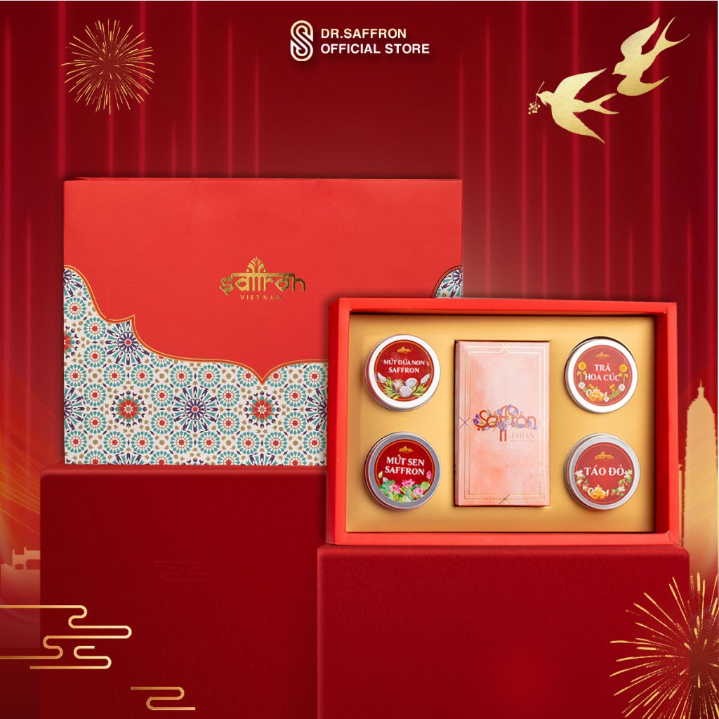 Hộp quà tặng Tết Saffron Việt Nam gồm: Nhụy hoa nghệ tây và 4 loại trà