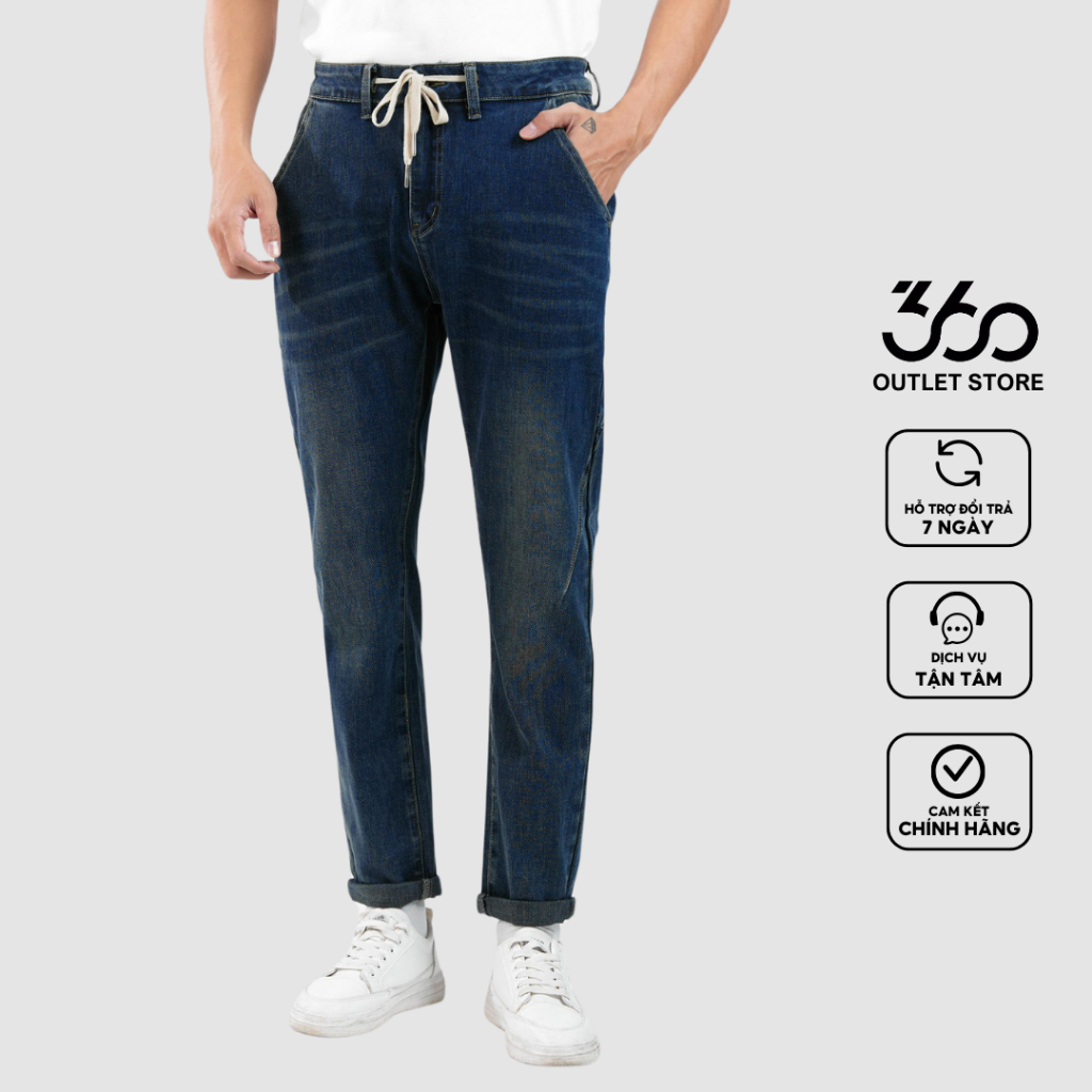 Quần jeans nam xanh dây rút gấp gấu trẻ trung thương hiệu 360 Boutique form tapered chất liệu cao cấp - QJDTK422