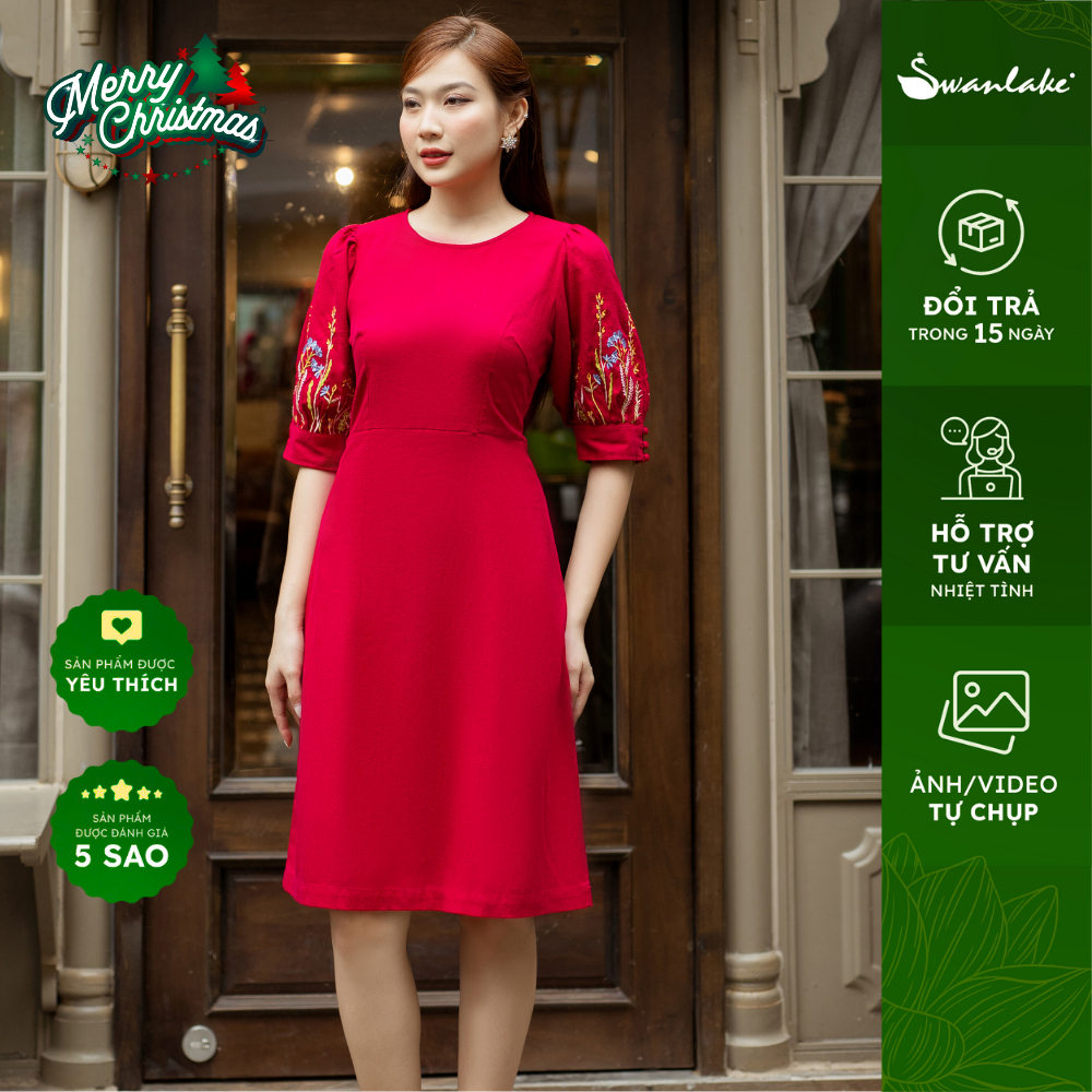 SWANLAKE | Đầm Thêu Tay Phồng Vải Linen Cao Cấp, Sang Trọng - D10185LW02