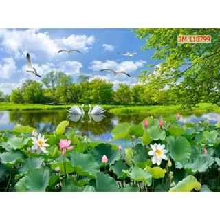 Tranh dán tường 3D phòng cảnh đầm sen in trên chất liệu vải lụa- in theo kích thước yêu cầu