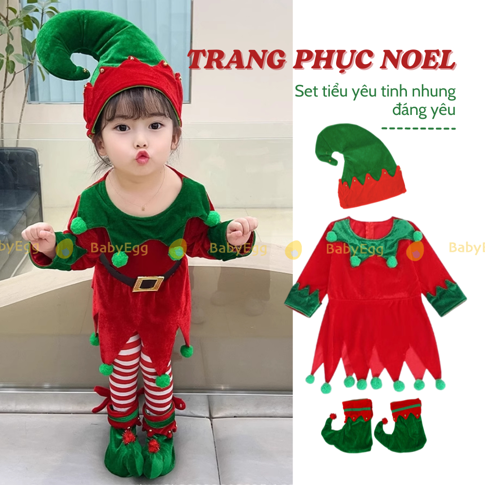 Bộ Noel cho bé, Set đồ Giáng sinh hóa trang Yêu tinh kẹo Full Phụ Kiện Chất Nhung LOẠI 1 set cây thông bé gái Noel 2023
