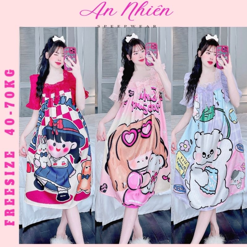 Đầm váy ngủ tiểu thư cổ vuông lụa xước cao cấp phối ren mềm in 5D sắc nét sang chảnh dễ thương