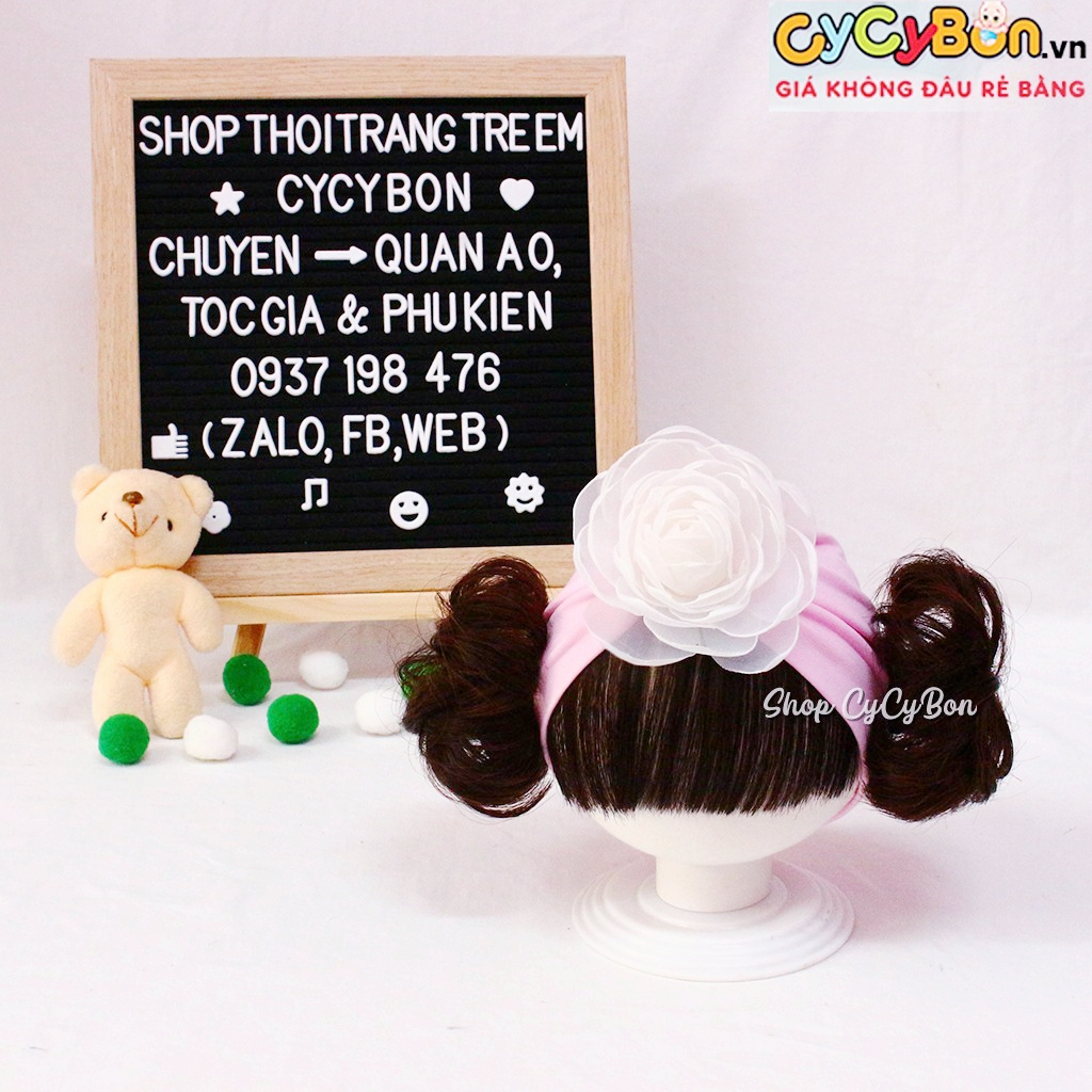 Mũ / Nón Turban Tóc Giả Cho Bé Gái Hồng Phấn Bông Trắng Kèm Tóc Mái Ngang Và Búi 2 Bên