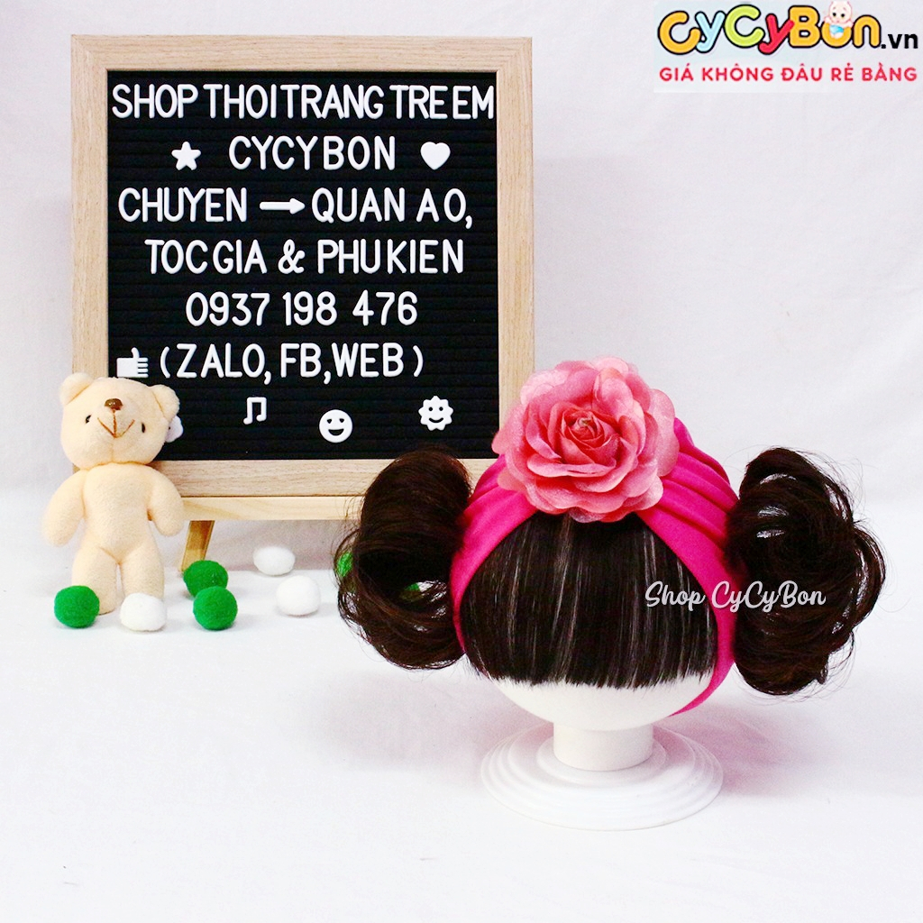 Mũ / Nón Turban Tóc Giả Cho Bé Gái Hồng Đậm Bông Hồng Ruốc Kèm Tóc Mái Ngang Và Búi 2 Bên