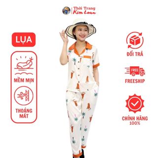 [KL02] - Đồ bộ Pijama nữ tay ngắn viền cam phối hoạ tiết dễ thương, chất liệu lụa Latin cao cấp - Thời Trang Kim Loan
