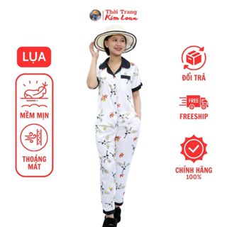 [KL03] - Đồ bộ Pijama nữ tay ngắn viền đen phối hoạ tiết hạc, chất liệu lụa Latin cao cấp - Thời Trang Kim Loan