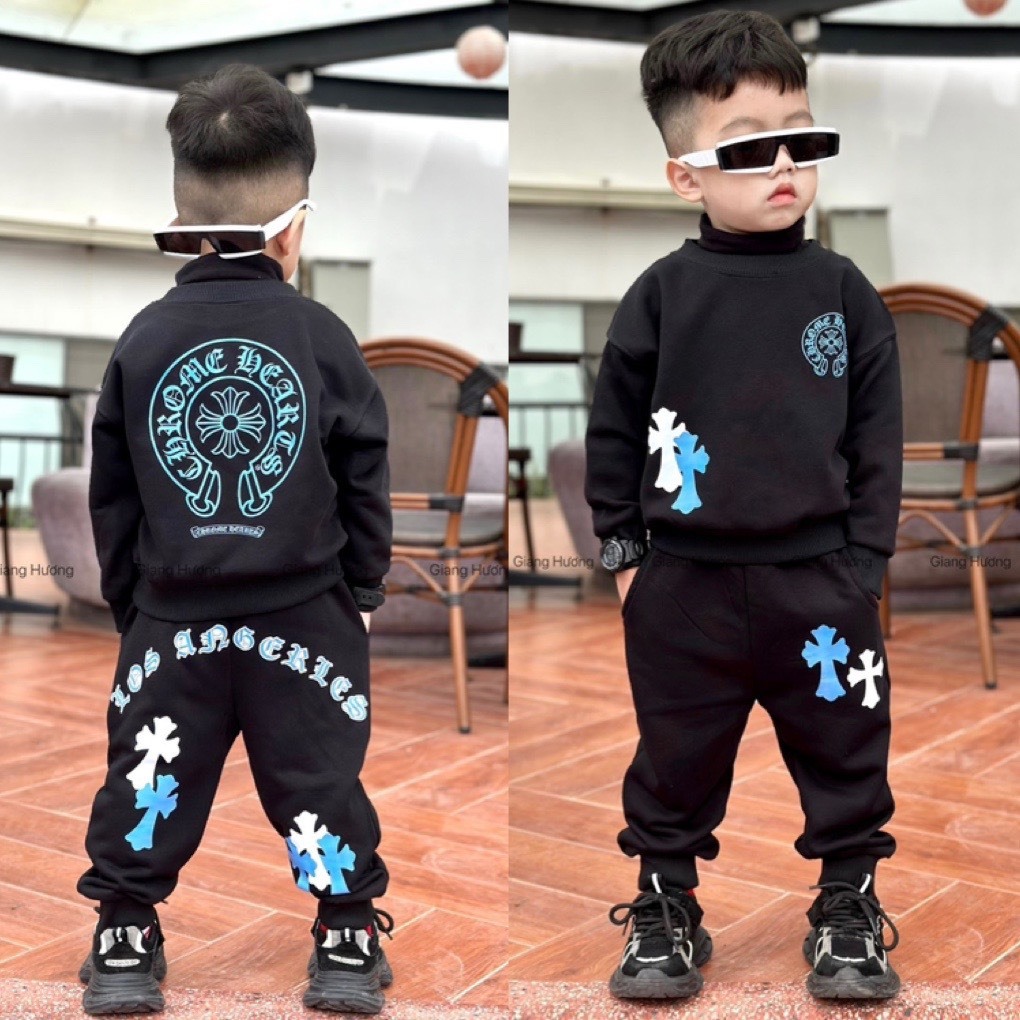 Bộ áo nỉ cổ tròn + quần chom blue style cho bé , set sweater trẻ em unisex , Kid_genz