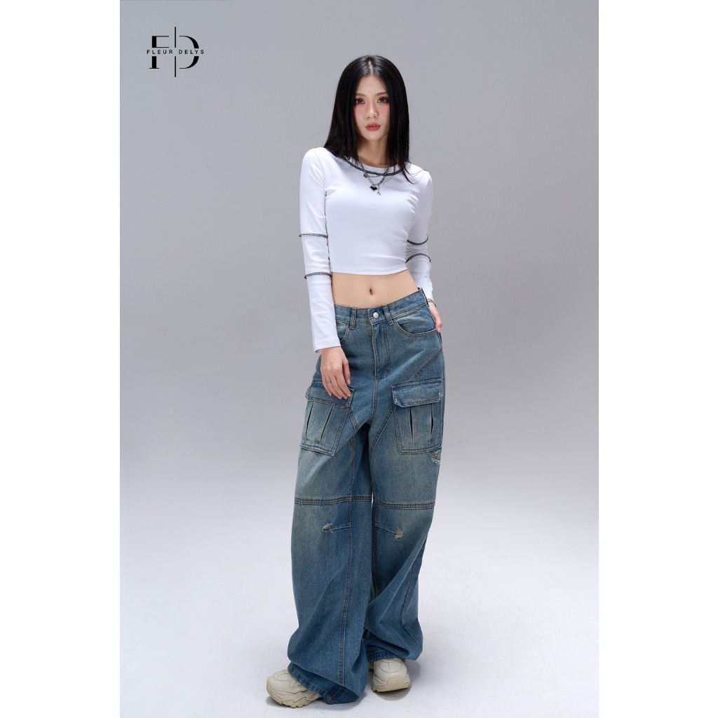 Quần jeans ống suông rộng nữ Delys QJJ0072 2 túi hộp mặt trước cạp cao cá tính