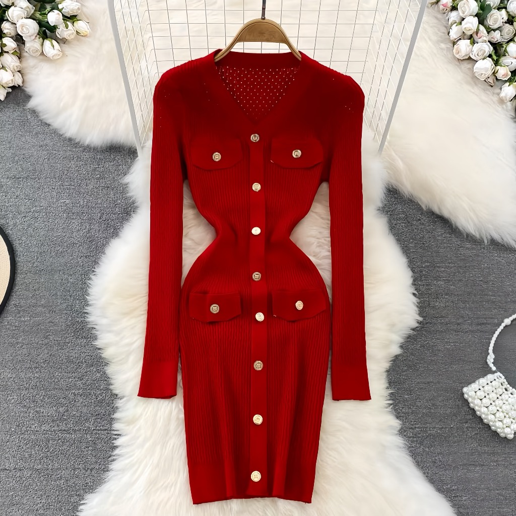 Đầm Len Tay Dài Khuy Đồng Dáng Ngắn Lửng Sang Trọng Thanh Lịch Quý Phái Siêu Tôn Dáng Bùi Đượm Concept