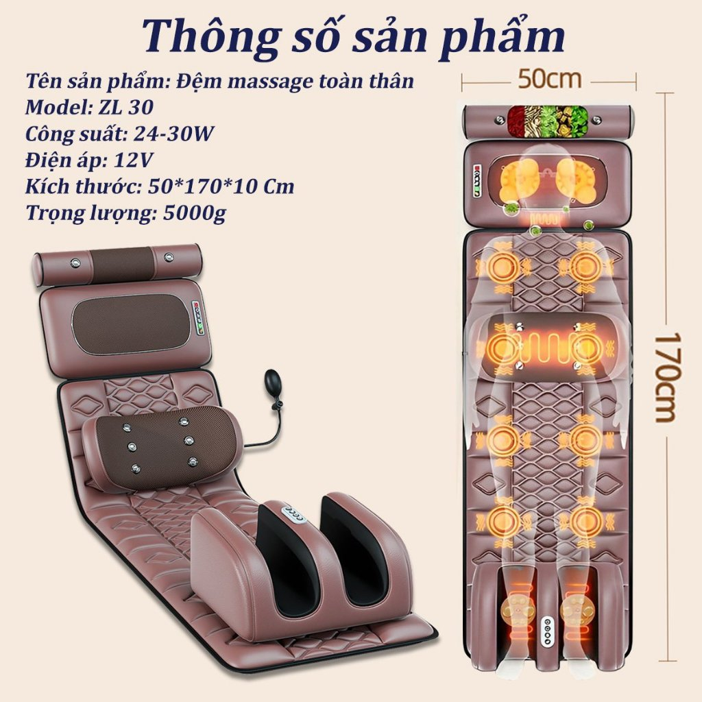 Đệm Massage toàn thân kèm máy massage chân, Hồng Ngoại Xoa Bóp Giảm Đau Mỏi 6 nam châm massage lưng, giảm đau mỏi