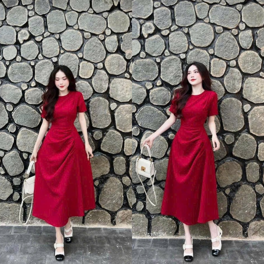 Đầm váy nữ dáng xòe màu đỏ dễ thương xinh xắn phối bolen cổ tròn tôn dáng dự tiệc đi chơi trẻ trung