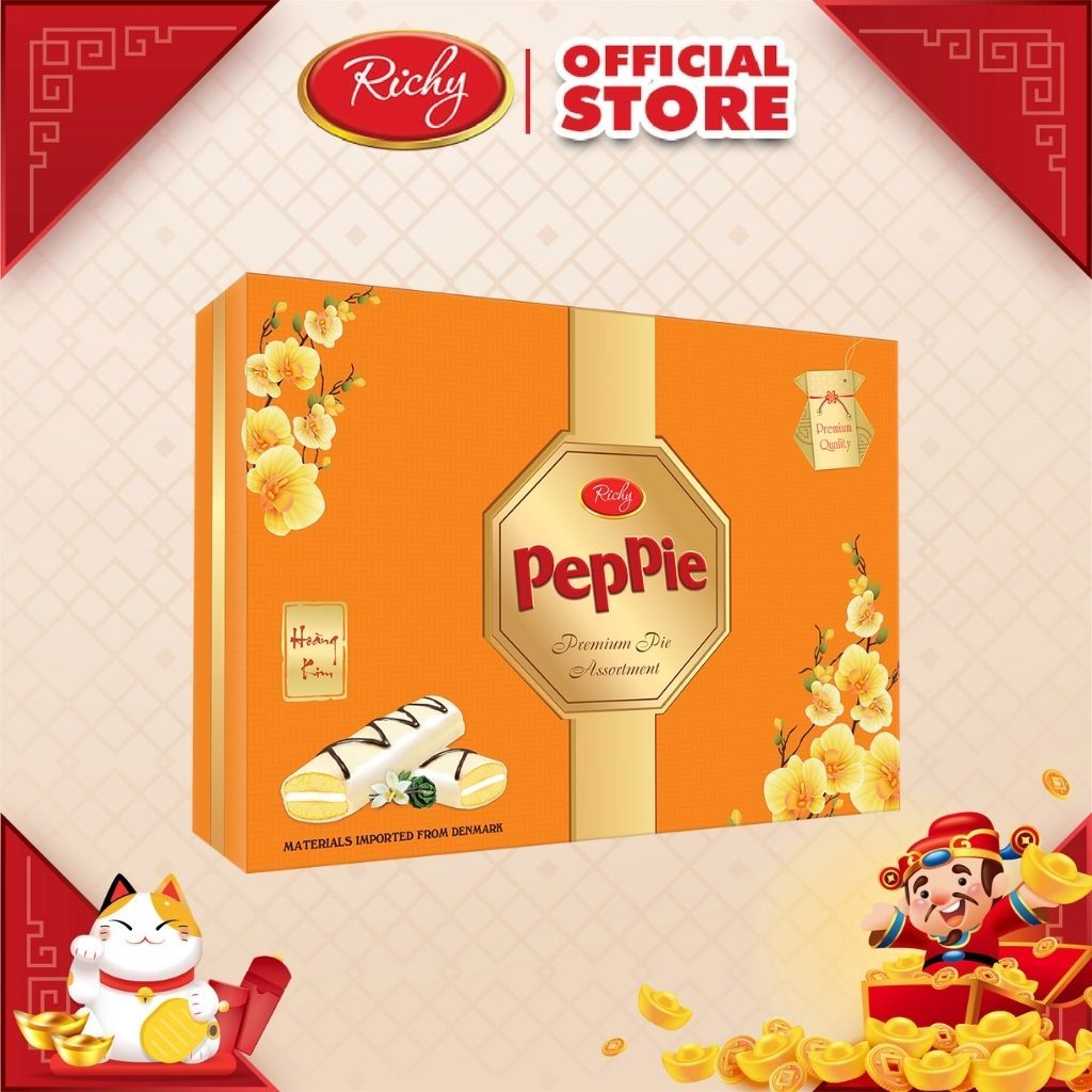 Bánh bông lan phủ socola Peppie Richy hộp Hoàng Kim - Phú Quý 468g kèm túi xách