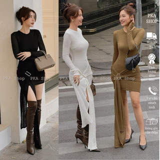 Váy body | Đầm body dáng ngắn dự tiệc | Đầm body tay dài cổ tròn phối eo sang chảnh