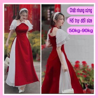 S533- Set áo dài cách tân mặc tết chất nhung màu đỏ tay cánh tiên kèm chân váy xoè xếp li - Shop Táo Đỏ Bigsize