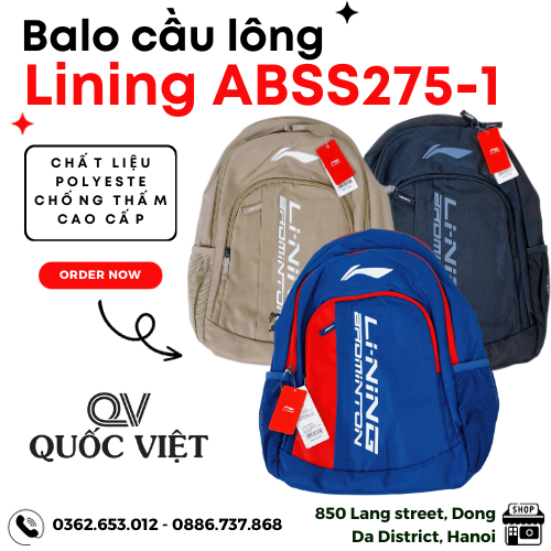 Balo thể thao, balo cầu lông Lining ABSS275-1 chính hãng Quốc Việt Badminton chất liệu chống thấm tốt, trẻ trung