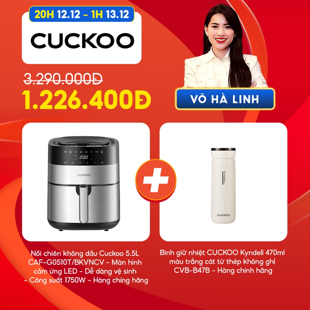 [Chỉ còn 1.226K sau khi áp voucher] tặng bình giữ nhiệt - Nồi chiên không dầu Cuckoo 5.5L CAF-G0510T- Màn hình cảm ứng