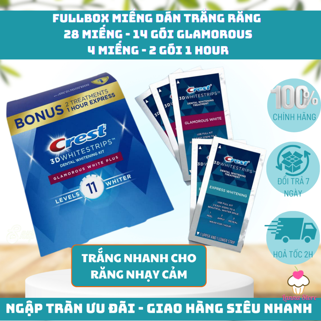Hộp Fullbox 32 Miếng (16 Ngày) dán trắng răng Crest 3D White Whitestrips loại 14 gói Glamorous + 2 gói Hour - Mỹ