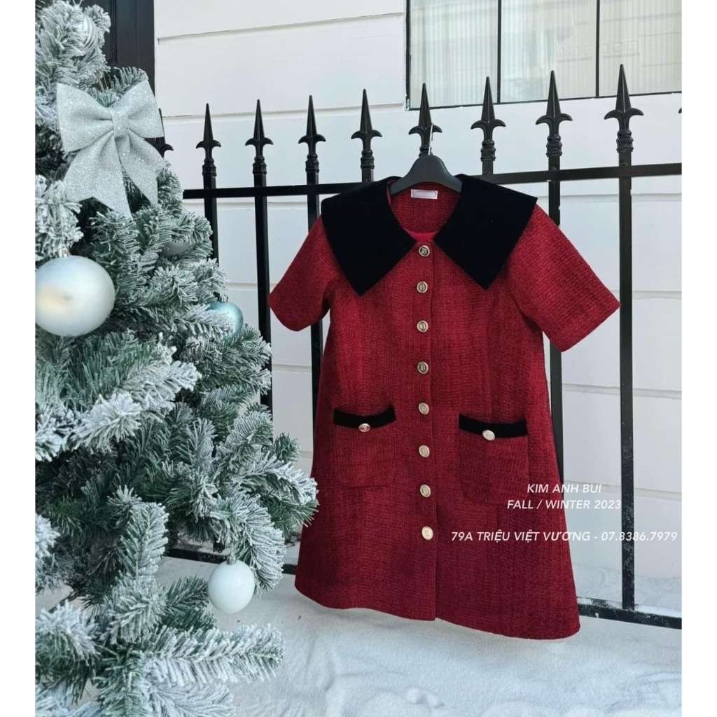 Đầm bầu thu đông , Váy bầu thiết kế cao cấp dạ đỏ cổ đen tiểu thư dáng babydoll mặc đi chơi giáng xinh noel cực xinh
