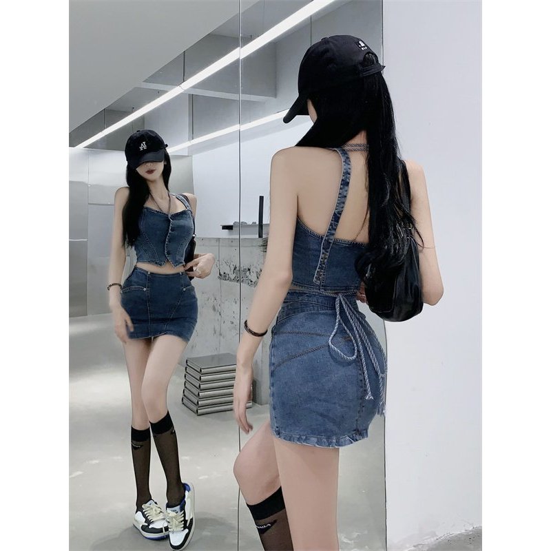 Sét bò rời Retro Hot Girl Liễu Móng Tay Cũ Rỗng Xoay Áo Ngực Hông Váy Váy Xếp Ly Denim Phù Hợp Với Mùa Hè