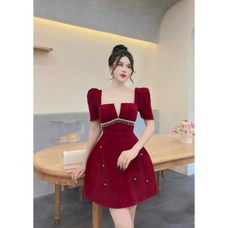 Đầm nhung nữ cổ vuông sẻ ngực tay phồng đính đá đầm dự tiệc cho các nàng