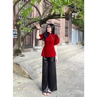 Set áo dài bà ba, sét kiểu nữ tay phồng, áo kiểu nữ cổ tàu chất nhung tay phồng + quần dài ống rộng chất tuyết nhung