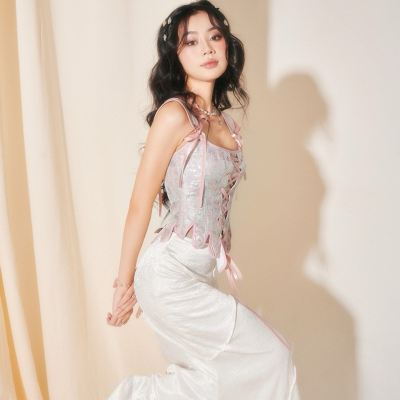Áo corset vải gấm thắt nơ ruy băng INTO.EIGHT thiết kế