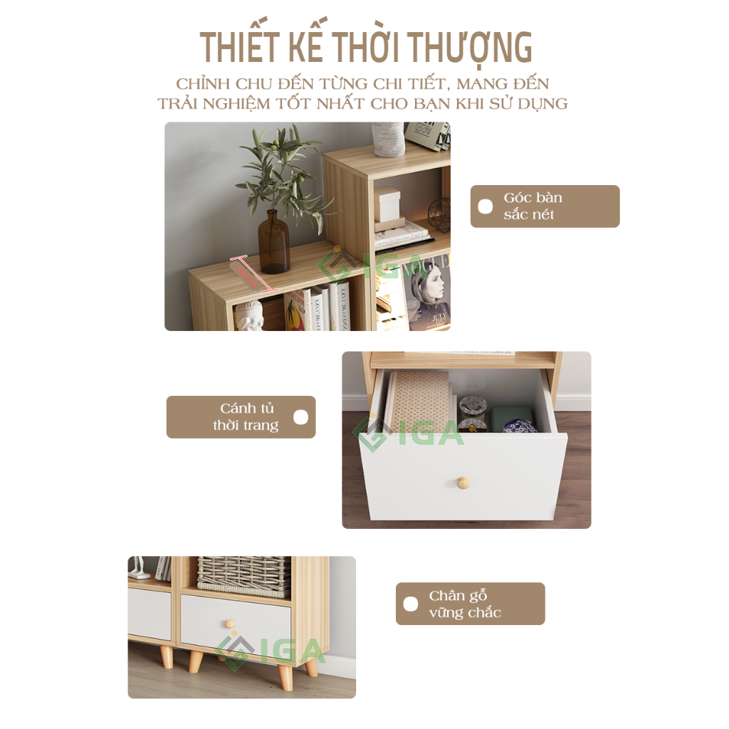 Tủ sách gỗ đa tầng có ngăn kéo để đồ phong cách Nordic thương hiệu Unlimi - UP144
