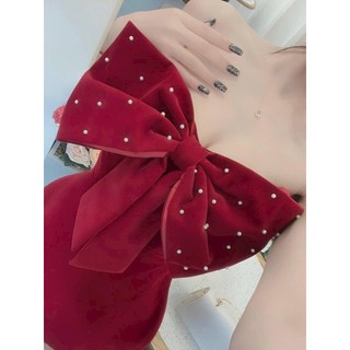 Váy đầm nữ thiết kế dự tiệc, đầm nhung cup ngực đính nơ to đính cườm dáng chữ A sang chảnh dx