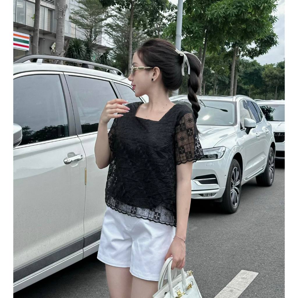 Áo ren cổ vuông tay ngắn "Yumi Shirt "EllyClothing