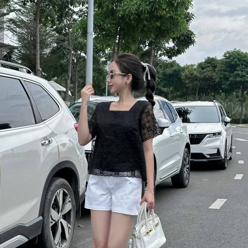 Áo ren cổ vuông tay ngắn "Yumi Shirt "EllyClothing