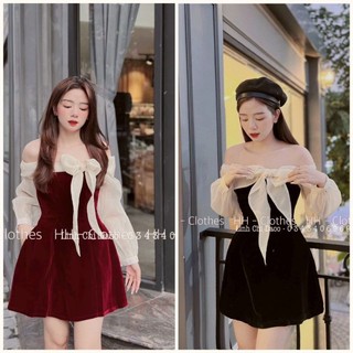Váy Nhung Trễ Vai Phối Voan Nơ Lệch Dáng A  Phòng Cách Hàn Quốc Sang Trọng