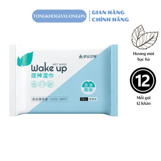 Gói 12 khăn ướt lạnh mini Wakeup mùi hương bạc hà, Gói khăn ướt bỏ túi tiện lợi