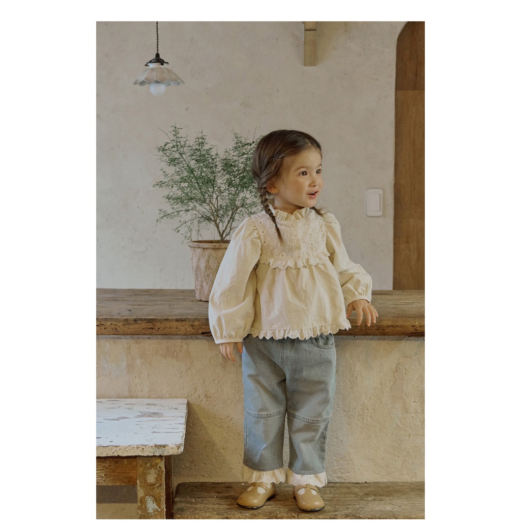 Áo sơ mi thô dày mix ren điệu đà cho bé AST010