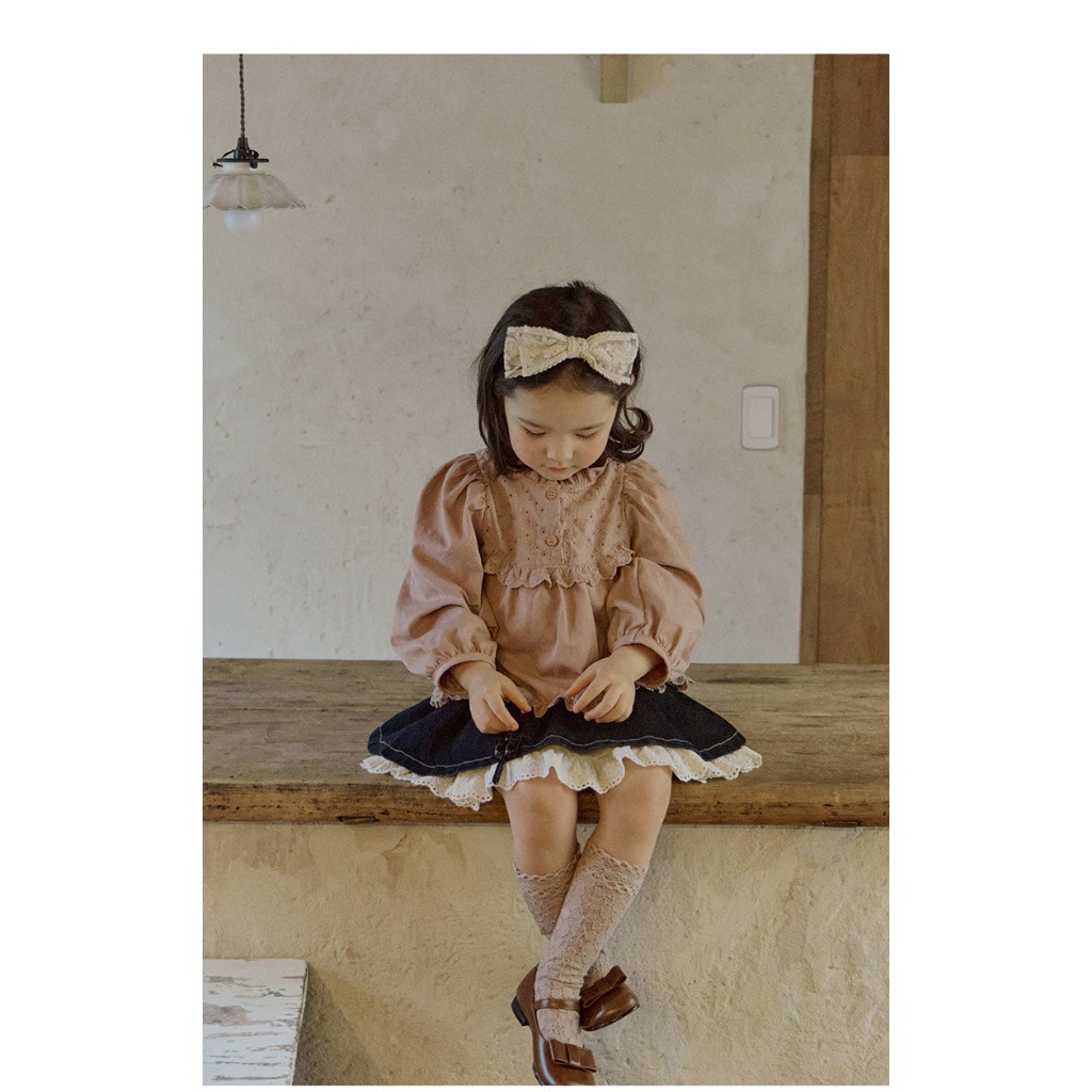 Áo sơ mi thô dày mix ren điệu đà cho bé AST010