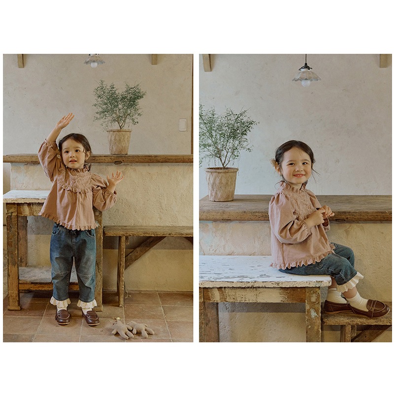 Áo sơ mi thô dày mix ren điệu đà cho bé AST010