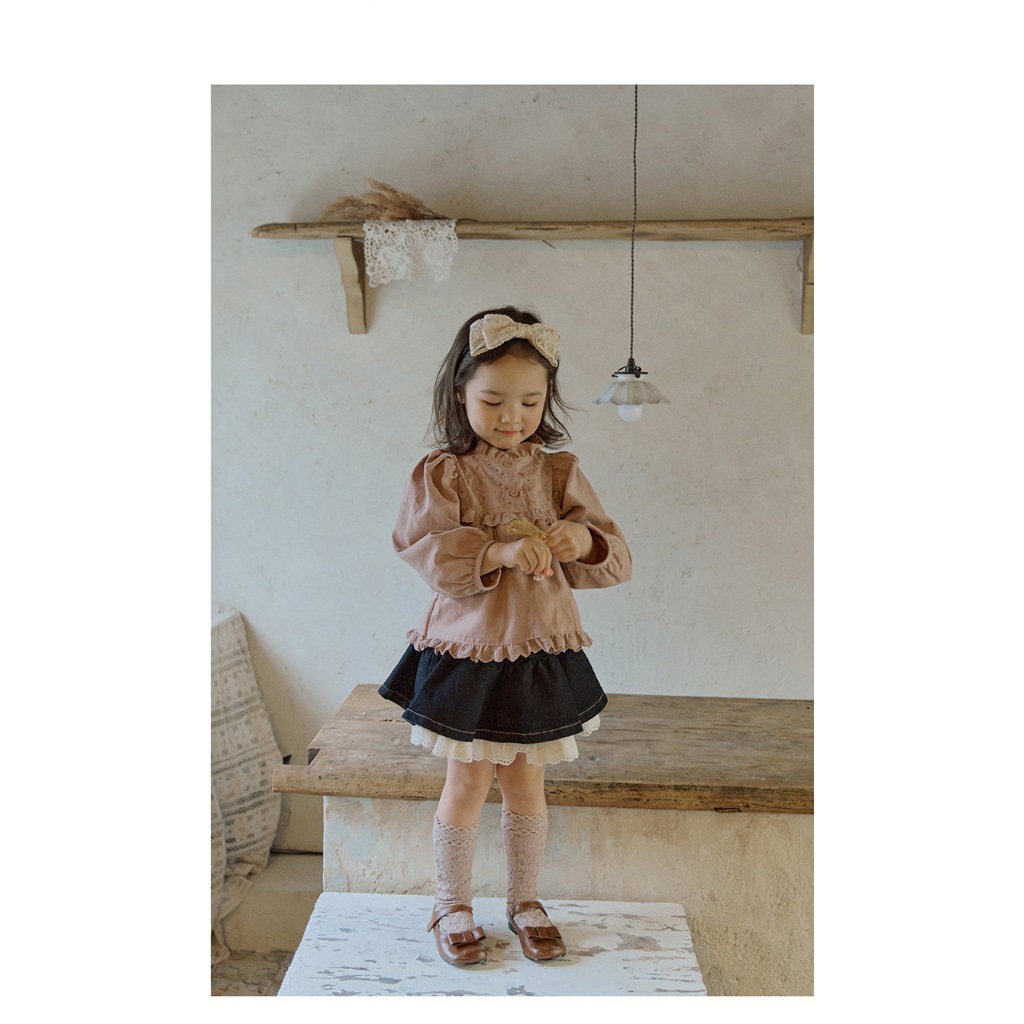 Áo sơ mi thô dày mix ren điệu đà cho bé AST010