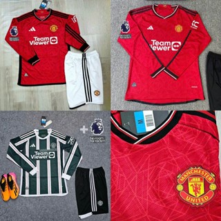 Bộ quần áo mu 23/24 dài tay sân nhà khách màu đỏ xanh logo thêu vải spf thái quần trắng đen năm 2023 2024