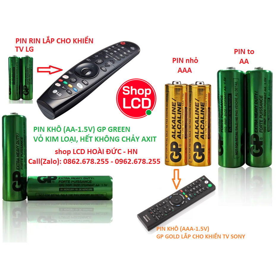 Pin khô GP GREEN - AA  và Pin khô GP GOLD lắp cho điều khiển, TV, và các loại khác...