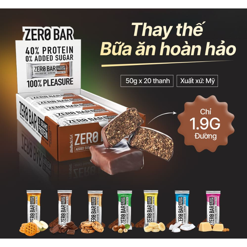 Thanh bánh protein bar năng lượng hộp 20 cái  ZERO BAR hàm lương protein cao từ thương hiệu BIOTECHUSA