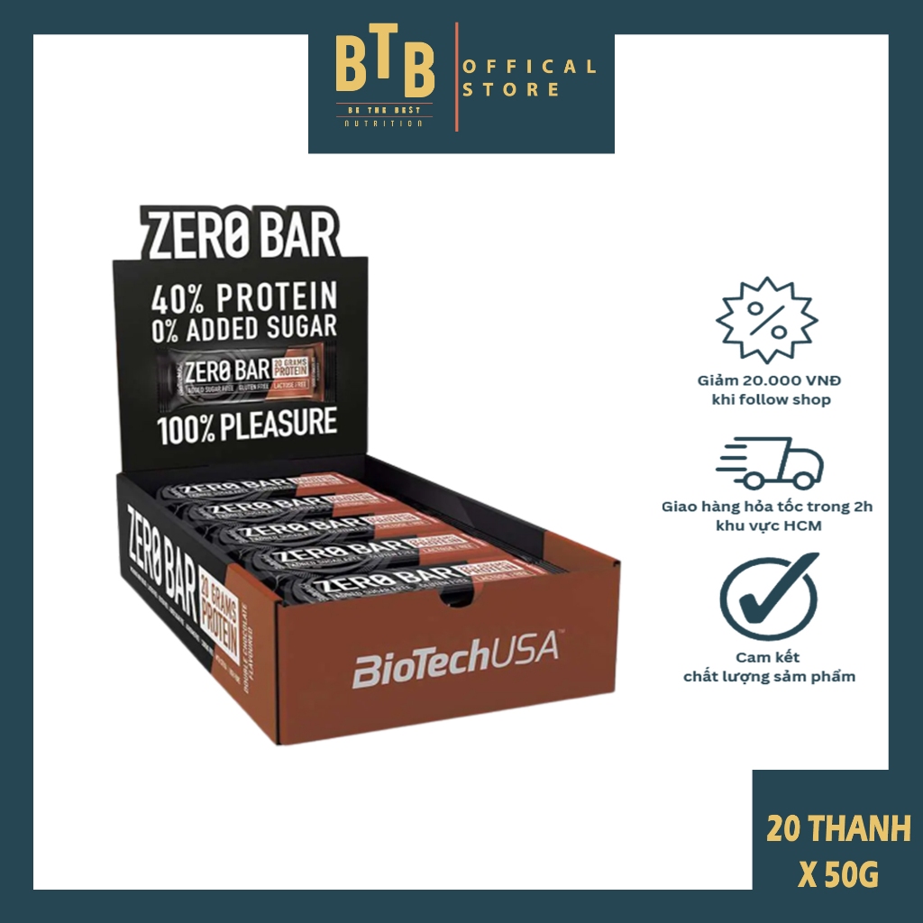 Thanh bánh protein bar năng lượng hộp 20 cái  ZERO BAR hàm lương protein cao từ thương hiệu BIOTECHUSA