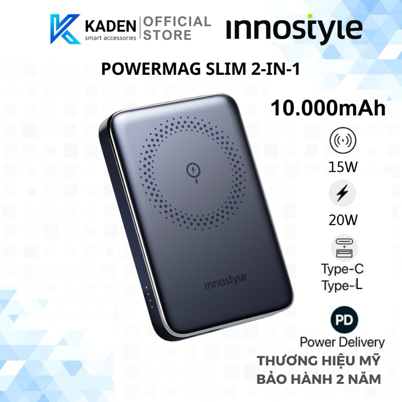 Pin Sạc Dự Phòng Innostyle PowerMag Slim 15W (WIRELESS) PD/QC3.0 20W 10000m-Hàng Chính Hãng