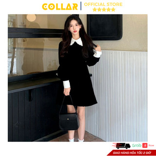Váy nhung tay dài dáng xoè mini phong cách thu đông 2024 ,Đầm thiết kế kiểu cổ sen tiểu thư bánh bèo xinh xắn COLLAR