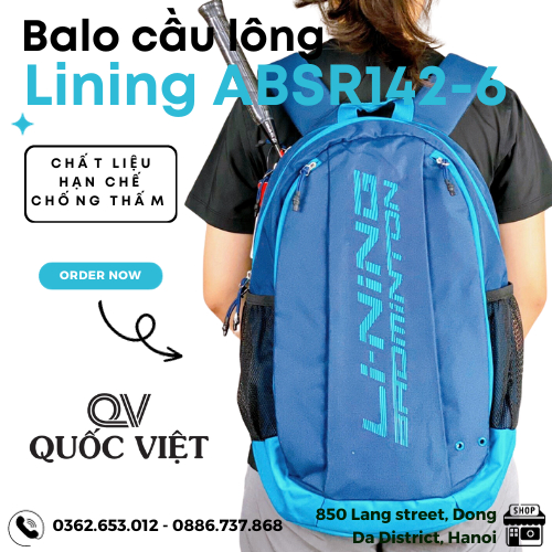 Balo cầu lông Lining ABSR142-6 chính hãng Quốc Việt Badminton chống thấm, basic, thông dụng