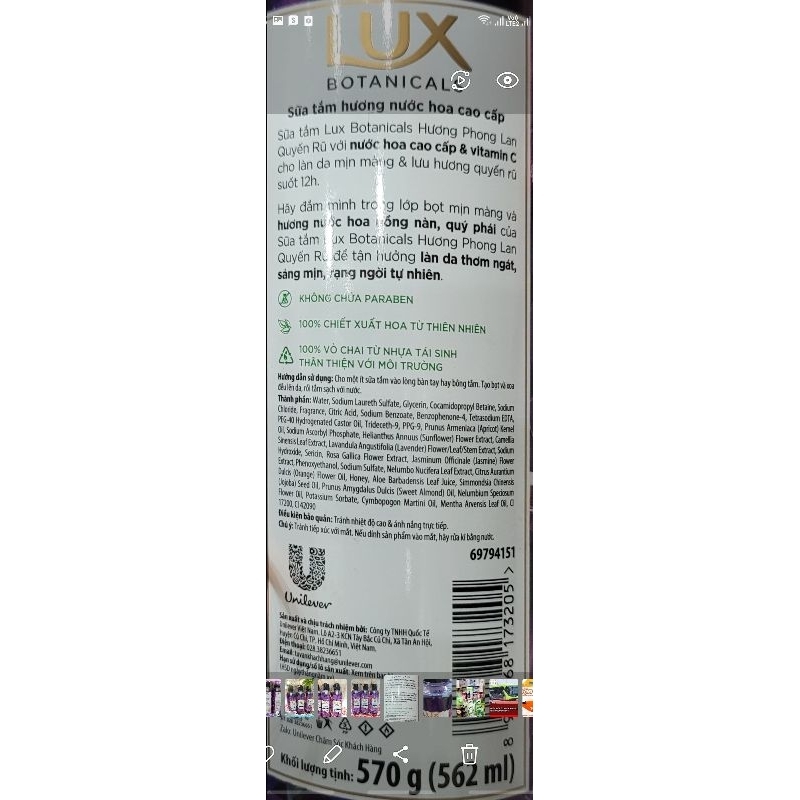 CHÍNH HÃNG Sữa tắm nước hoa Pháp Lux Botanicals 570g