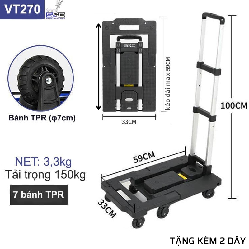 Xe đẩy hàng - kéo hàng đa năng 7 bánh S&D VT270 kéo dài sàn,tải max 150kg,KÈM 2 dây chun móc
