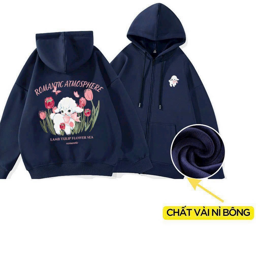 [12.12 Sales Freeship] Áo khoác hoodie cặp nam nữ màu xanh đậm in hình con cừu sau lưng dễ thương