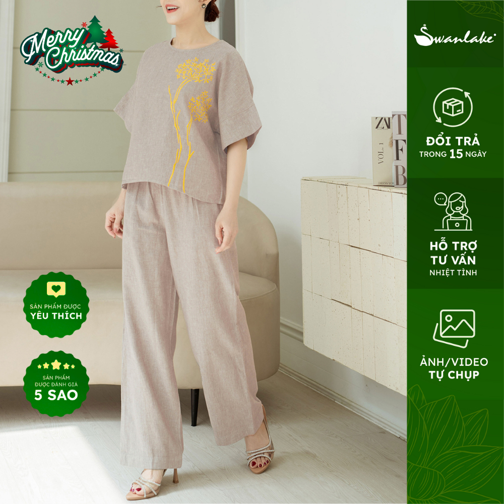 SWANLAKE | Set Đồ Bộ Trung Niên Linen Thêu Cao Cấp Sang Trọng Quý Phái Tặng Mẹ - B10187LW01
