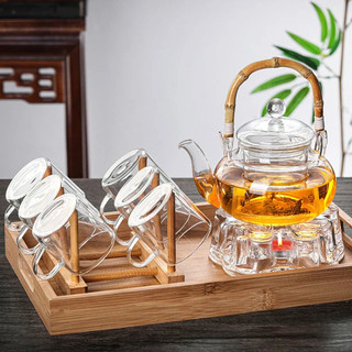 Bộ ấm trà thủy tinh, bộ ấm quai trúc giản dị, tinh tế 600ml