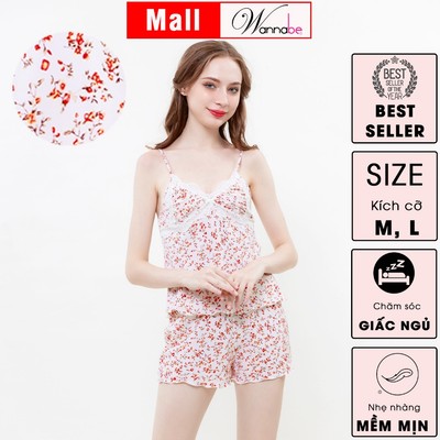 Đồ bộ mặc nhà WANNABE  bộ quần sọt phối áo ngủ 2 dây nhúng phồng cúp phối ren tạo sự đầy đặn BSS93