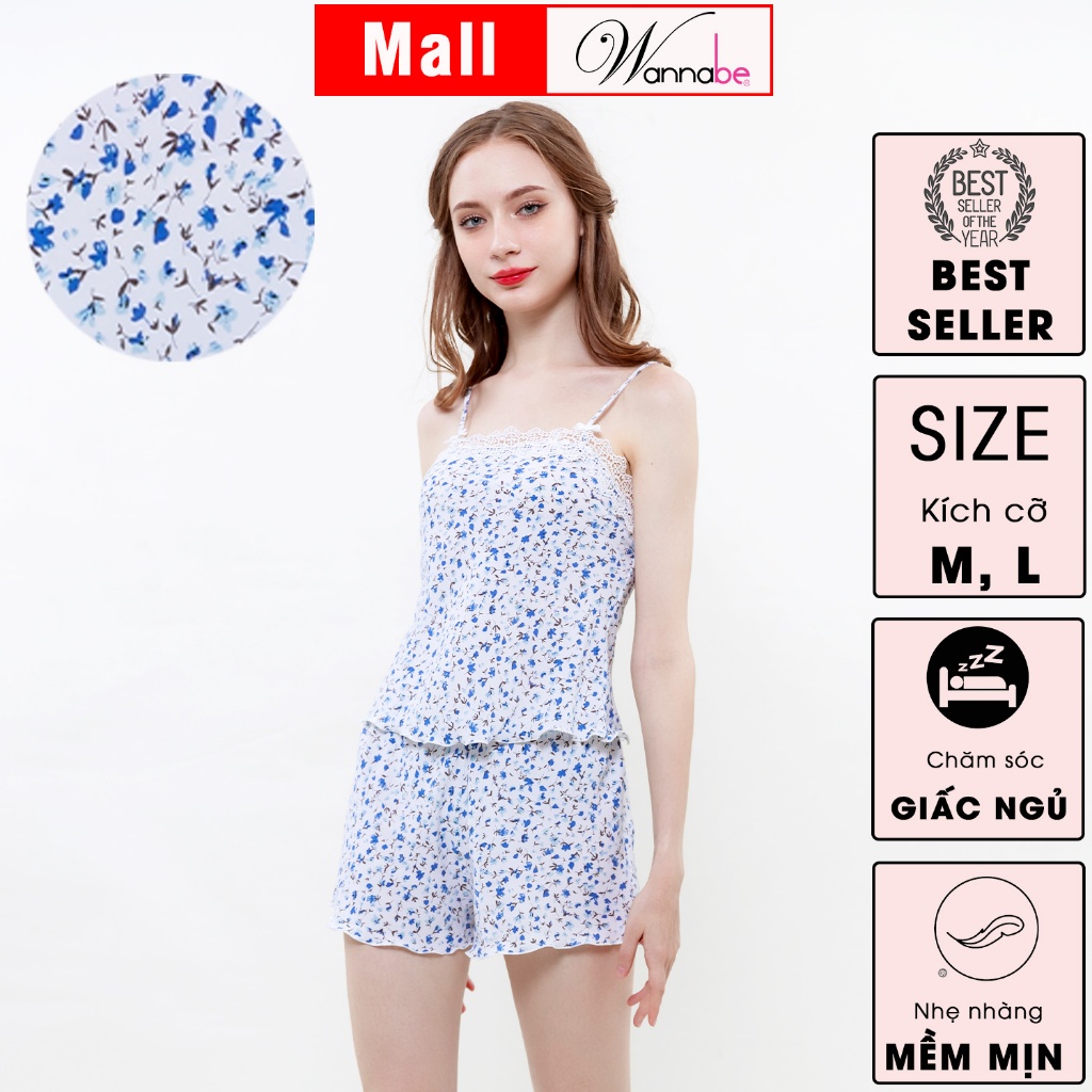 Đồ bộ WANNABE BSS95 quần sọt mặc với áo 2 dây lụa mềm mịn dạng ống ngang viền ren đơn giản